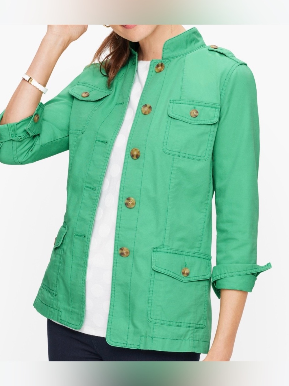 Talbots Bright Green Utility Jacket with Brass Buttons